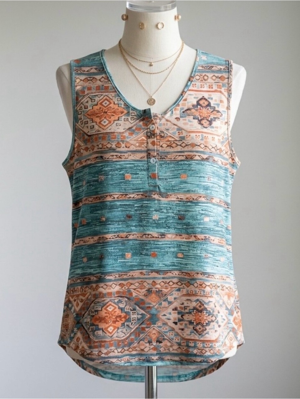 Boho Southwestern Summer Aztec Henley Sleeveless Tank Top Teal Orange Size XL